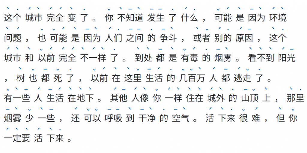 Text with tone marks over characters to allow focusing on Chinese tones without being distracted by Pinyin.