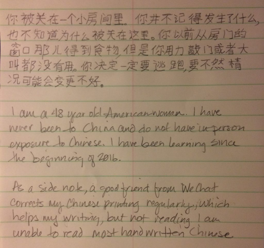 Chinese handwriting from a US learner having studied less than one year.