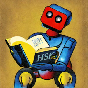 Robot reading. Created with Stable Diffusion and some GIMP editing for the book cover.